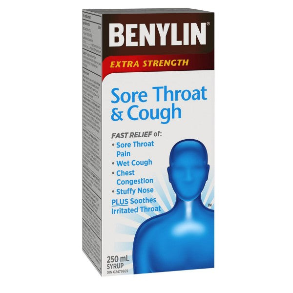 Benylin Sore Throat & Cough Syrup, Extra Strength - 250 mL