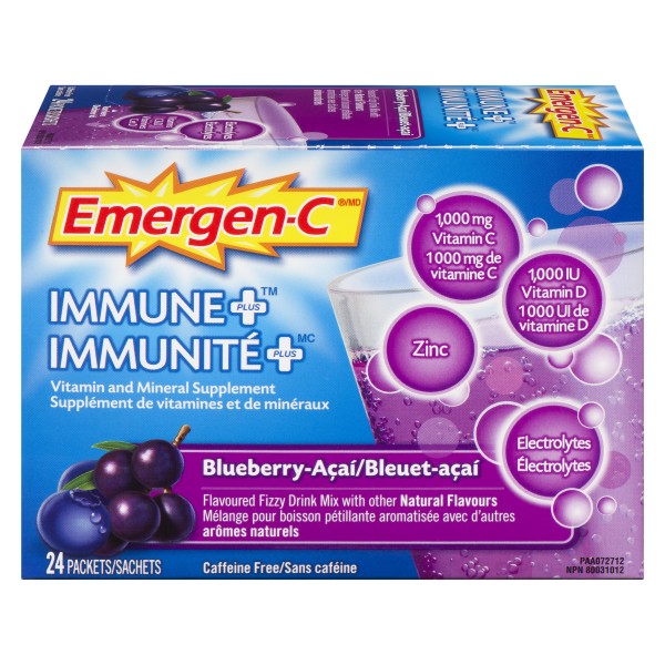 Emergen-C Immune Plus Vitamin & Mineral Supplement, Blueberry Acai - 24 Pack
