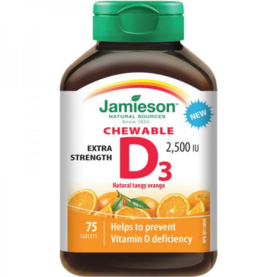 Jamieson Extra Strength Vitamin D3 2500 IU Chewables, Tangy Orange - 75 Tablets