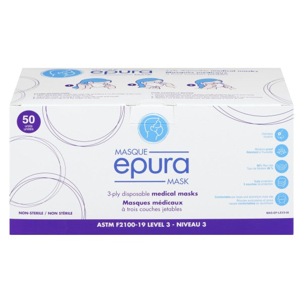 Epura Level 3 3-Ply Disposable Medical Masks, 50 Count