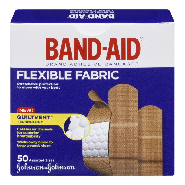 Band-Aid Adhesive Bandages Flexible Fabric, 50 Assorted Sizes