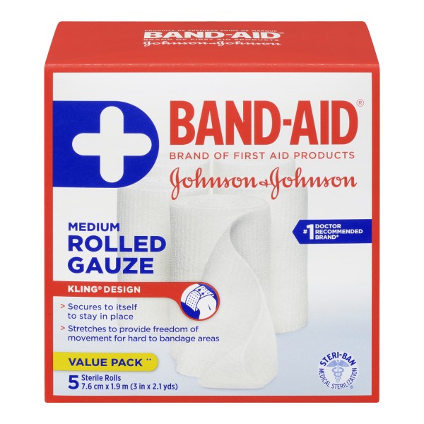 Band-Aid Flexible Rolled Gauze, 5 Medium Sterile Rolls - Value Pack