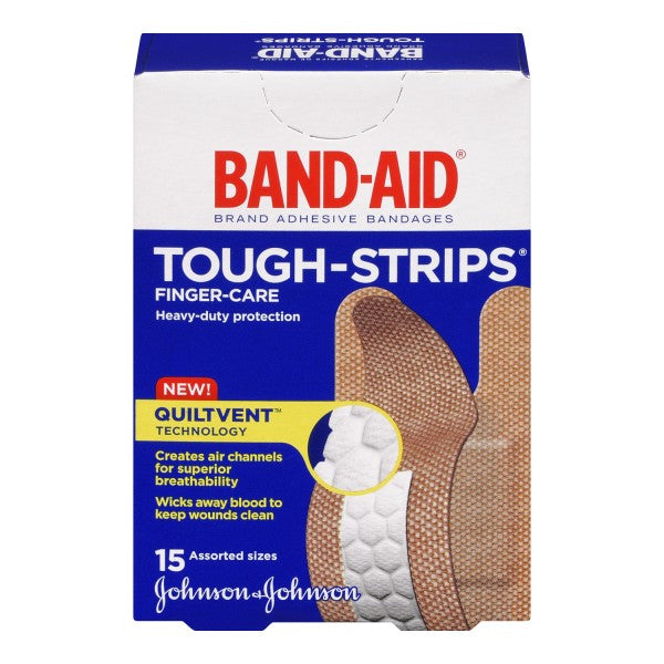 Band-Aid Tough Strips Adhesive Bandages Finger Care, 15 Assorted Sizes