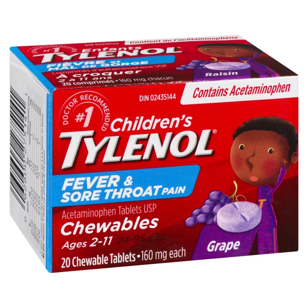 Children's Tylenol Chewables, Fever & Sore Throat, Grape -  20 Tablets
