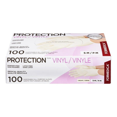 Formedica Protection Vinyl Powder-Free Disposable All Purpose Gloves, Cream - S/M - 100 Count
