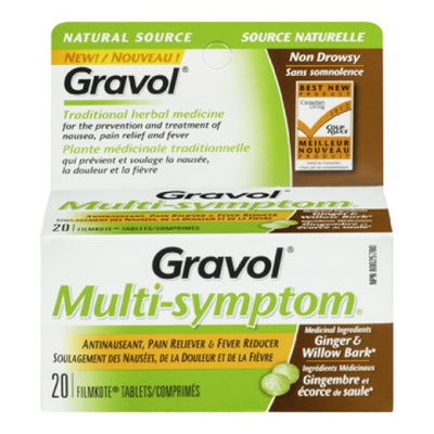 Gravol Ginger Multi-Symptom Tablets with Ginger & Willow Bark, 20 Tablets